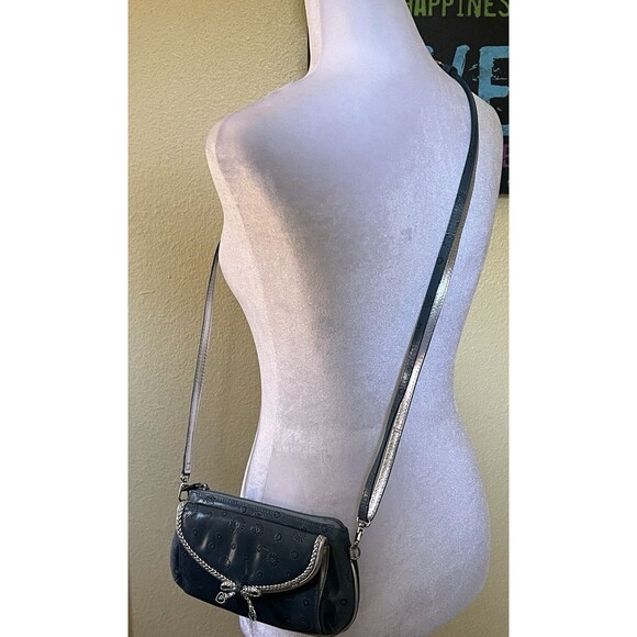 Brighton Small Leather Crossbody Teal Blue Silver Metallic Flower Embossed - Picture 2 of 11